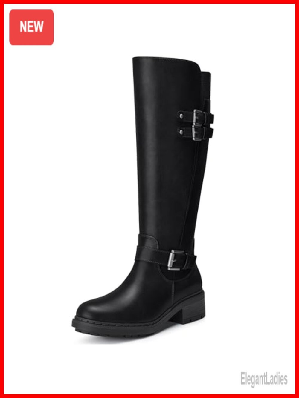 Knee High Boots Round Toe Side Zipper Low Block Heel Faux Leather Riding Boots